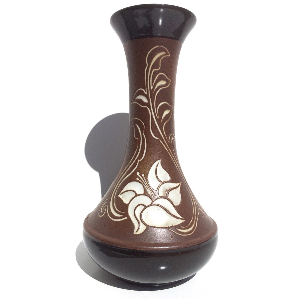 vintage Pottery Craft trumpet vase brown white flower stoneware